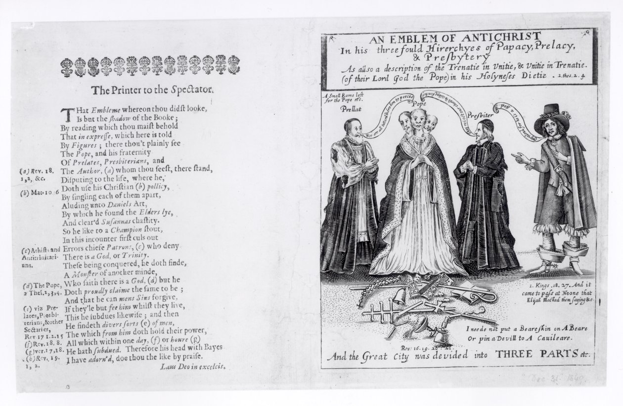教皇、プレラクシー、および長老派の3つの階層における反キリストの紋章、1649年 作： 英語学校