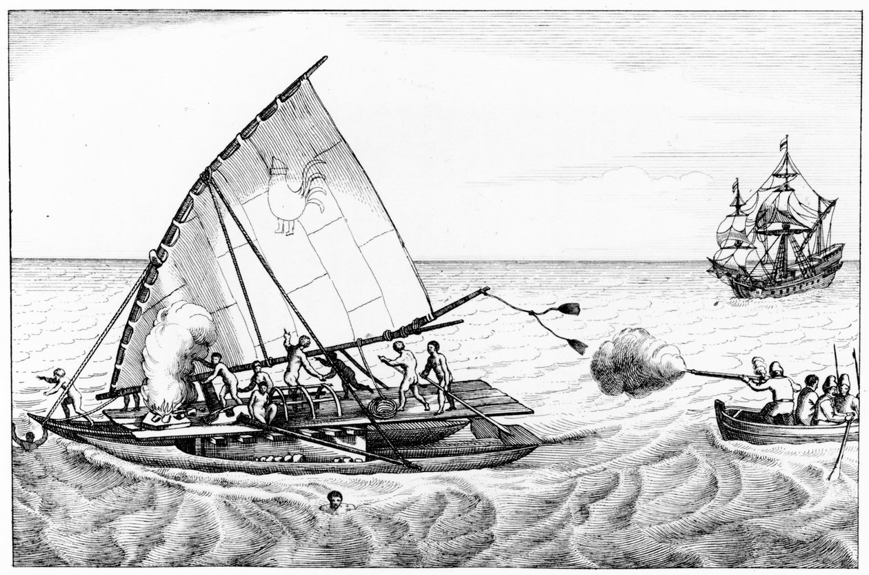 南海の航海と発見の時系列の歴史の第2巻からの1615〜16年のルメアーズ（c.1585-1616）とシュータン（c.1567-1625）の周航中の事件 作： 英語学校