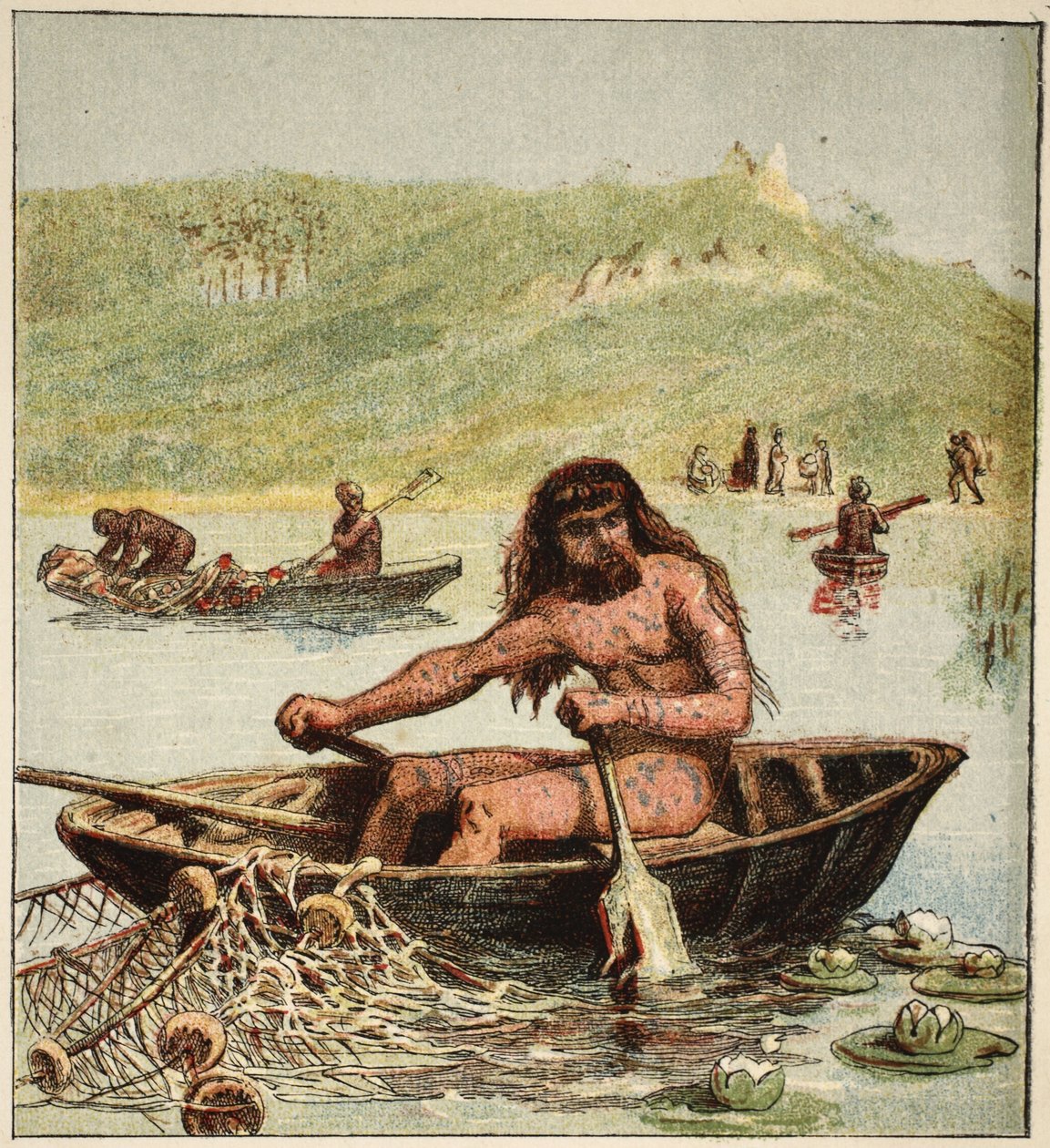 Ancient Briton in his Boat（ボートに乗った古代のイギリス人）、pub.1890年（カラーリトグラフ 作： 英語学校