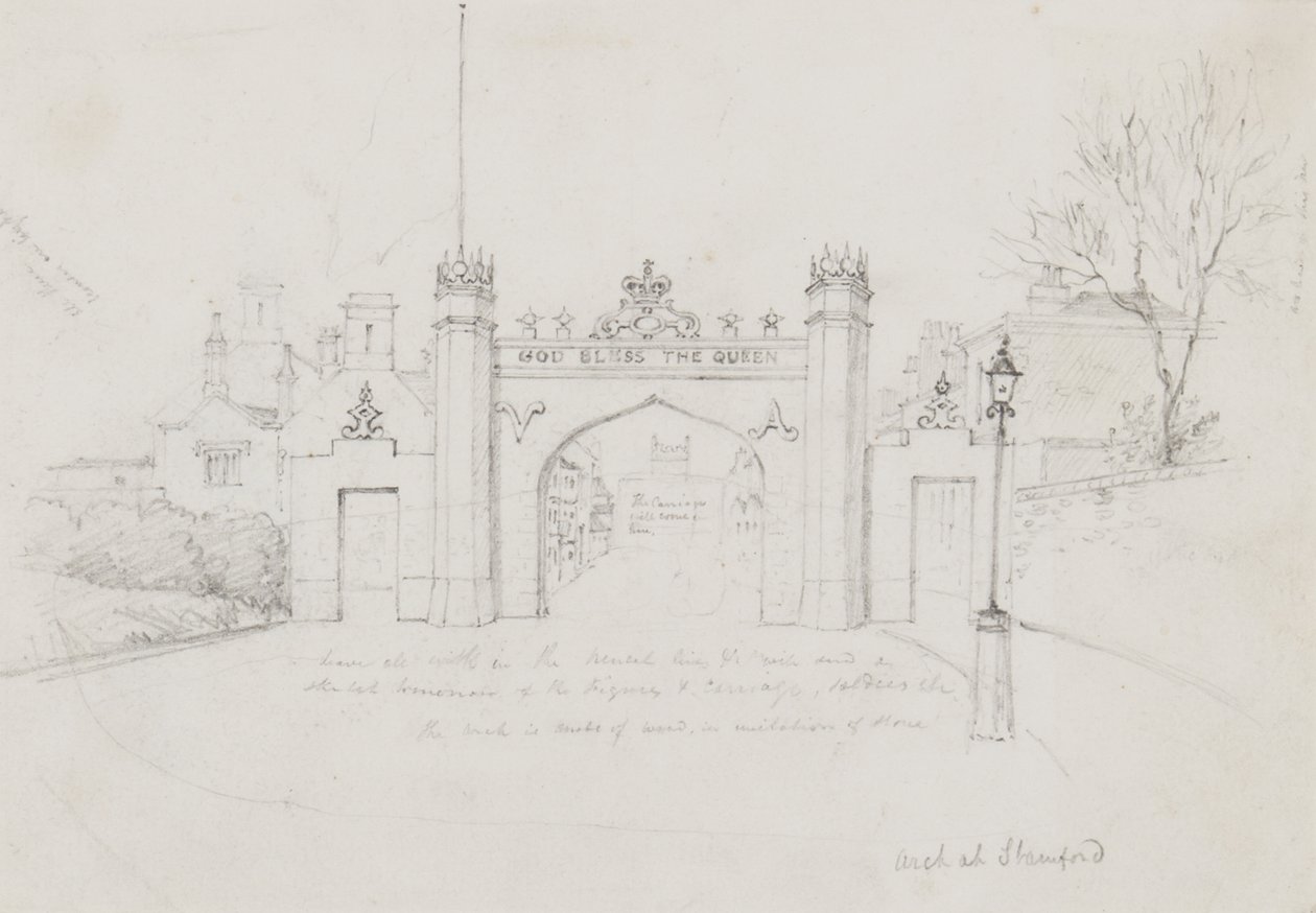 Stamfordのアーチ、Burghley Houseに向かうVictoria女王とPrince Albertを歓迎するために建てられたもの（鉛筆、紙 作： 英語学校