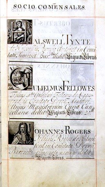 Archive 3693 f.63 オックスフォード大学ニュー・カレッジの3人の恩人、Halswell Tynte、Gulielmus Fellowes、Johannes Rogersをリストアップしたページ（Benefaction Bookより）。 作： 英語学校