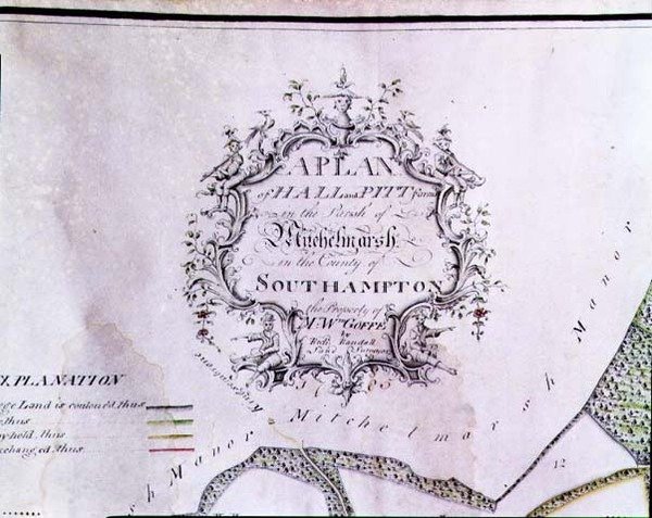 Archive 5629 「A Plan of Hall and Pitt farms in Parish of Mitchelmarsh in County of Southampton, Mr. W. Goffe, by Richard Randall, the Land Surveyor」と書かれた地図の説明用カルトゥーシュ 作： 英語学校