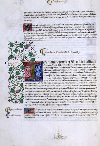 アーカイブ9432 f.15v ロバート・シャーボーンまたはシャーバーン（1450年頃～1536年頃）のチチェスター司教の創始書からの、照明されたイニシャルのあるテキストのページ（ヴェラム製） 作： 英語学校