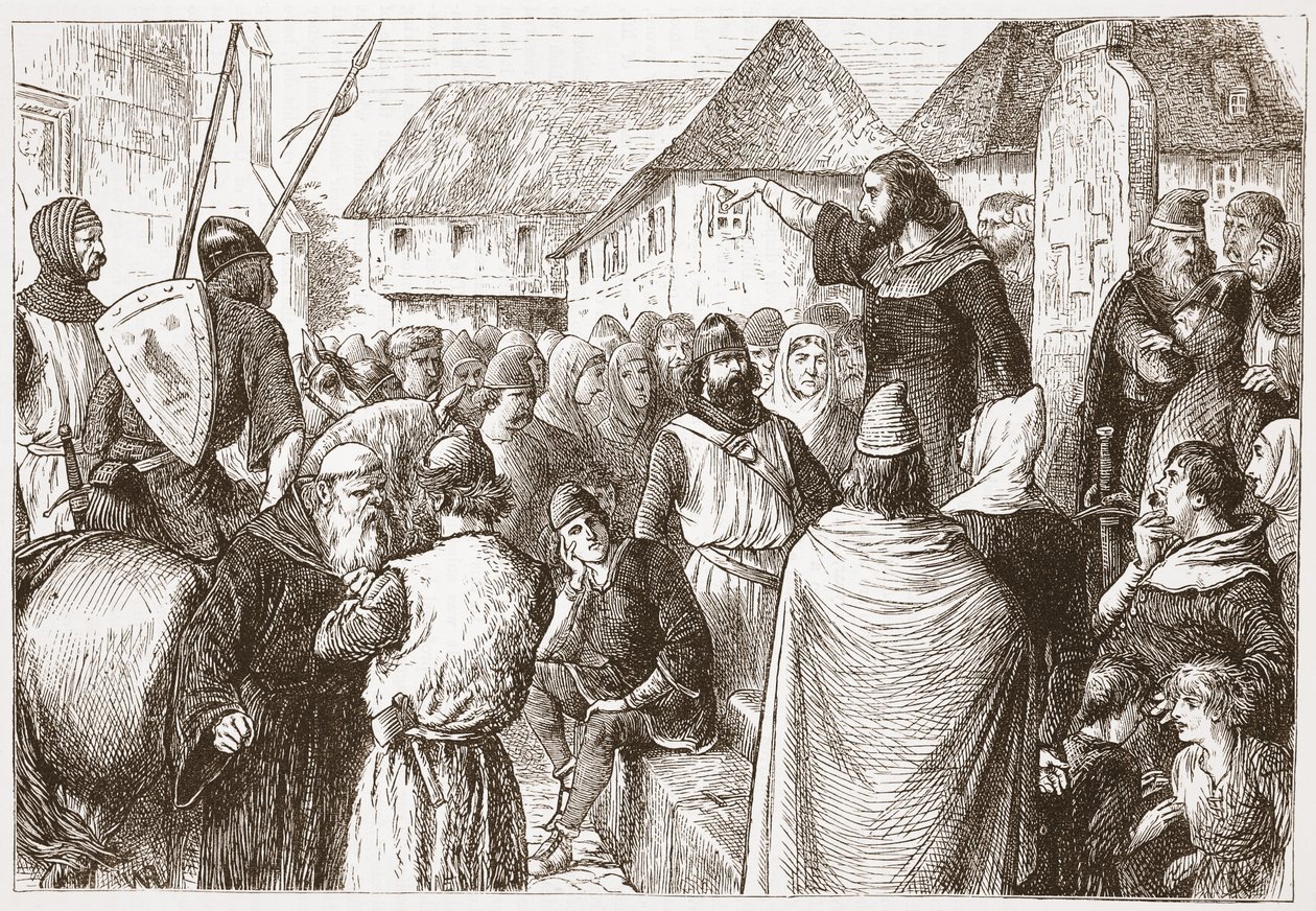 ブレシアのアーノルドの説教、ジェームス・エイトケン・ワイリー（1808-1890）によるパブのプロテスタンティズムの歴史からのイラスト。 1878 作： 英語学校