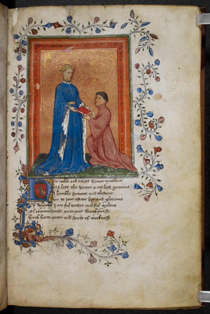 Arundel 38 f.37 Thomas Hoccleve が著書「Regement of Princes」をプリンス オブ ウェールズ (後のヘンリー 5 世) に贈呈 (1411-13 年頃) (ベラム紙にペンとインク、テンペラ) (10048 も参照) 作： 英語学校