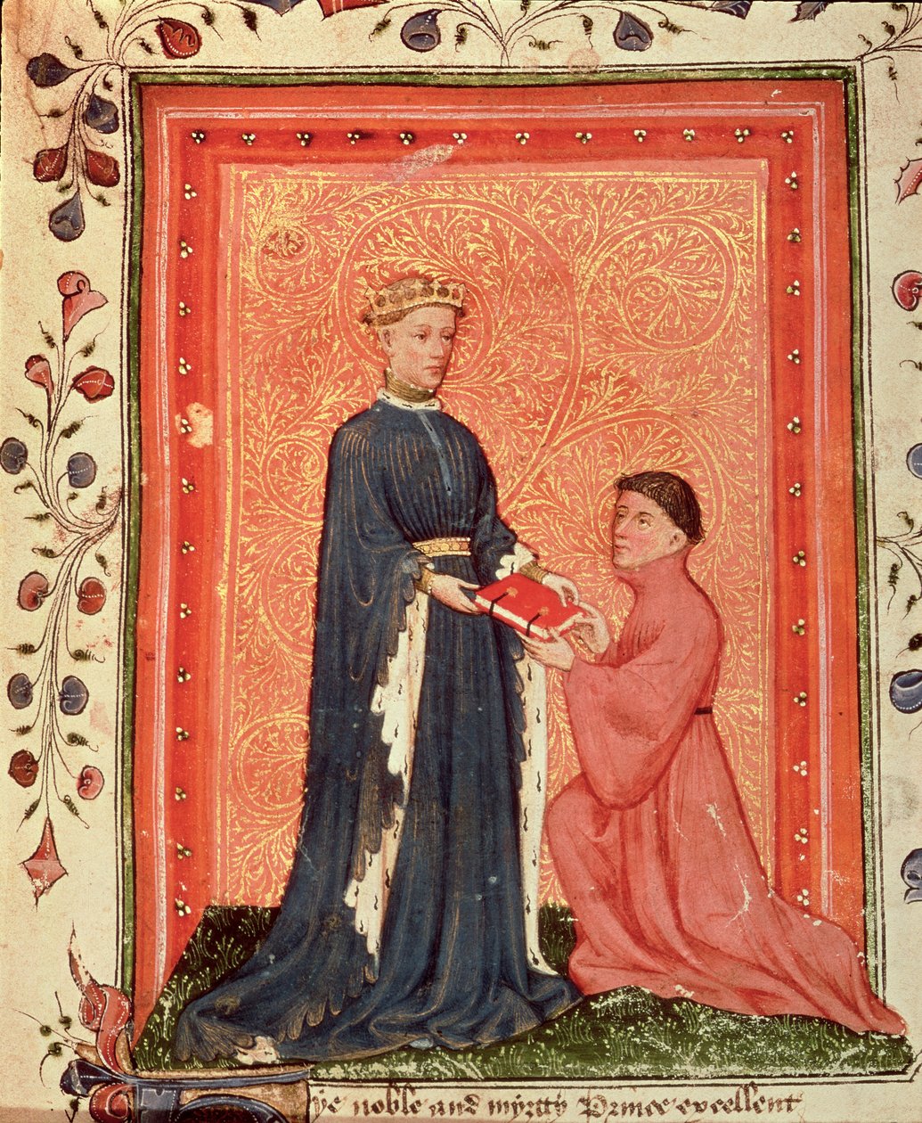 Arundel 38 f.37 Thomas Hoccleve が著書「Regement of Princes」をウェールズ王子 (後のヘンリー 5 世) に贈呈 (c.1411-13) (ベラム) 作： 英語学校