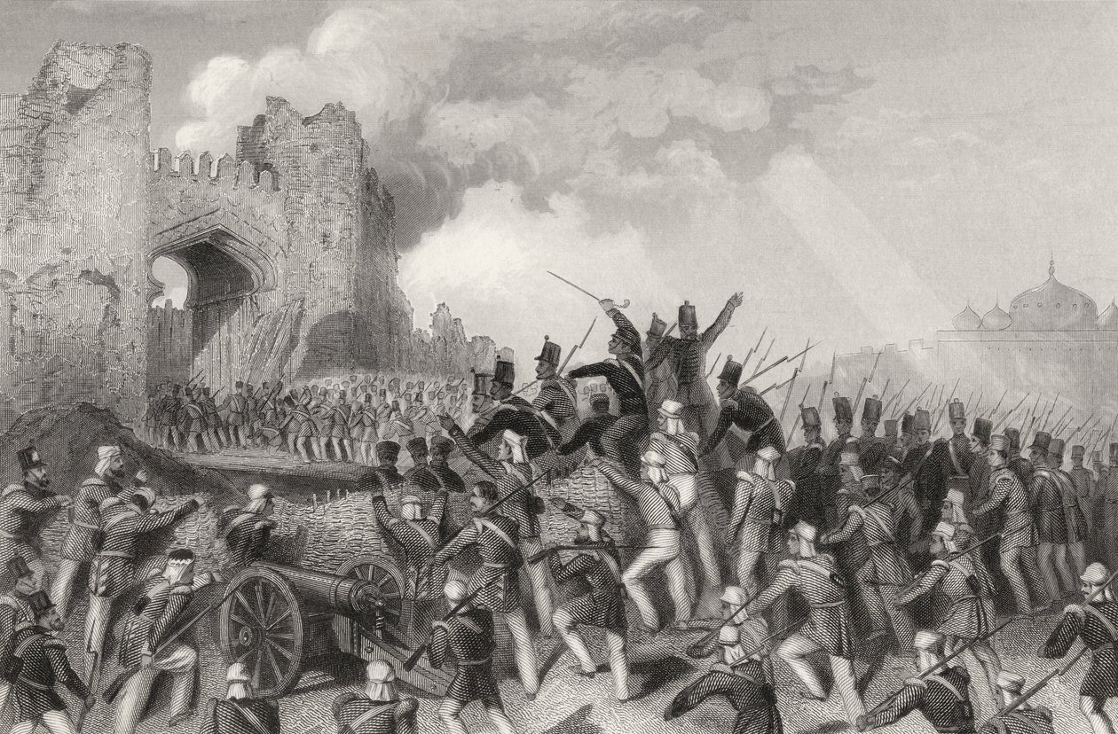 1857年に出版された「インディアン反乱の歴史」からの1857年9月14日のデリーの襲撃とカシミア門の捕獲 作： 英語学校