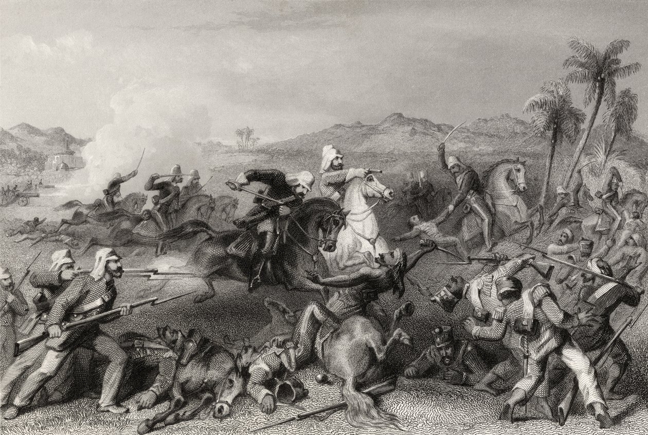 1858年に出版された「インドの反乱の歴史」からの1857年の将軍ニコルソンズの不規則な騎兵隊によるシールコート反逆者への攻撃 作： 英語学校