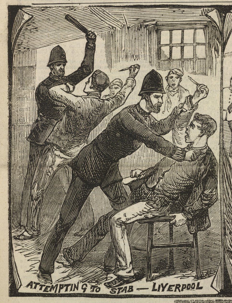 刺す試み - リバプール、「Illustrated Police News」より、1884 年 9 月 27 日 (彫刻) 作： 英語学校