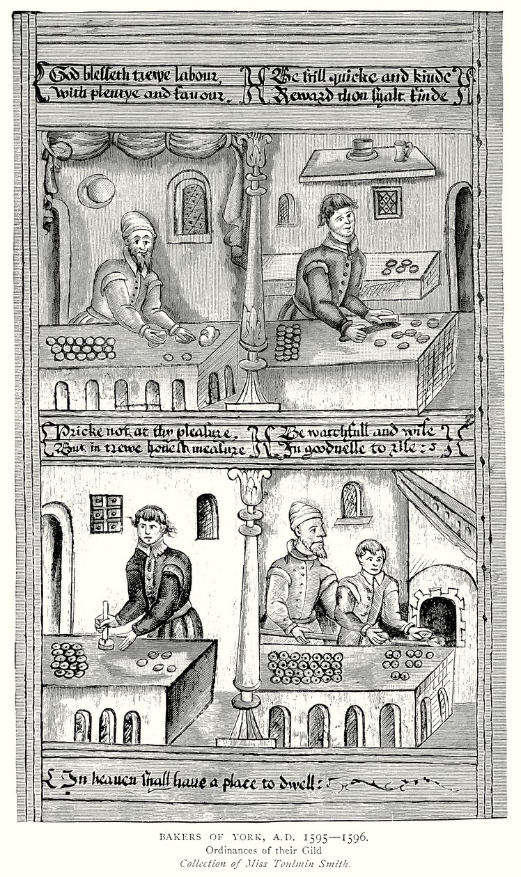 AD1595-1596年、ヨークのパン職人たち。ギルドの条例（エングレーヴィング） 作： 英語学校