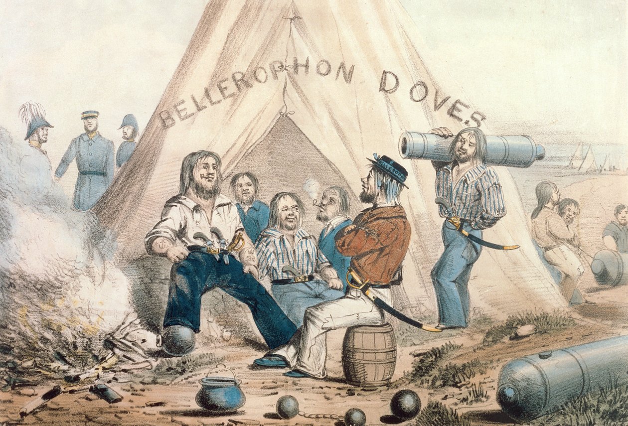 1854年に公開されたセバストポルの前の船乗りの野営地であるBellerophon Doves 作： 英語学校