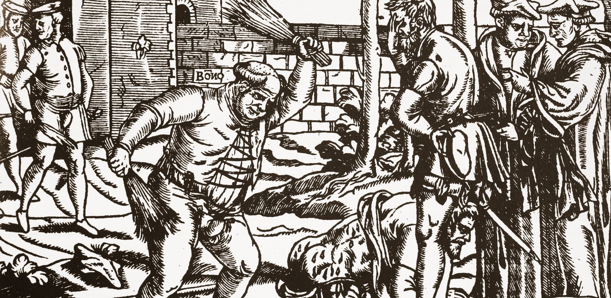 フラムの宮殿の果樹園で囚人のジョン・ウィルスを殴打するボナー司教 (木版画) 作： 英語学校