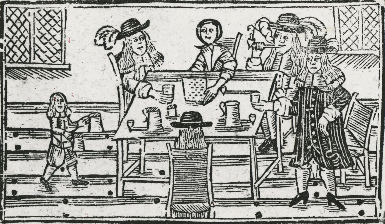 ボードゲームと酒場での飲酒（木版画 作： 英語学校