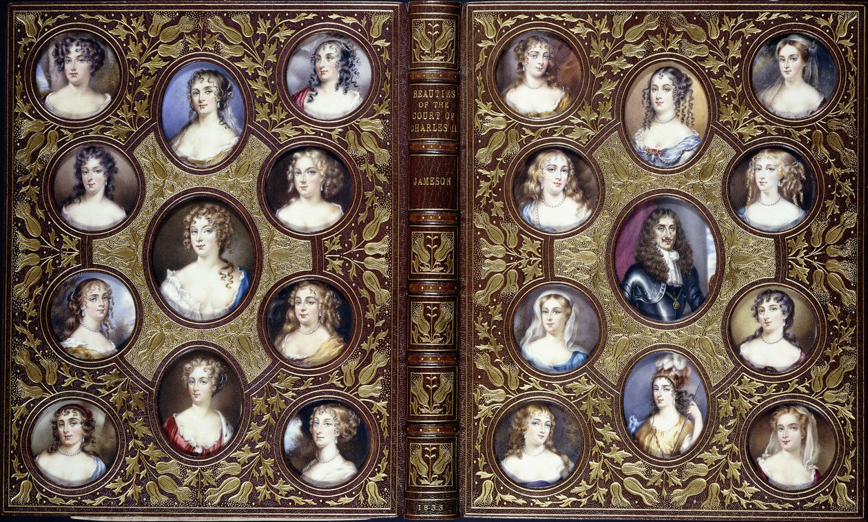 チャールズ2世と彼の宮廷の美しい女性の22の肖像画のミニチュア、1833年の本の表紙 作： 英語学校