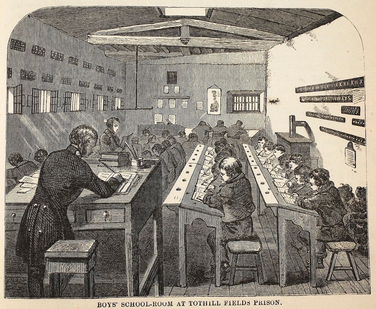 Tothill Fields Prisonの男の子のスクールルーム、ロンドンの刑務所刑務所のイラスト、Henry MayhewとJohn Binnyによる刑務所の生活のシーン、パブ。 1862 作： 英語学校