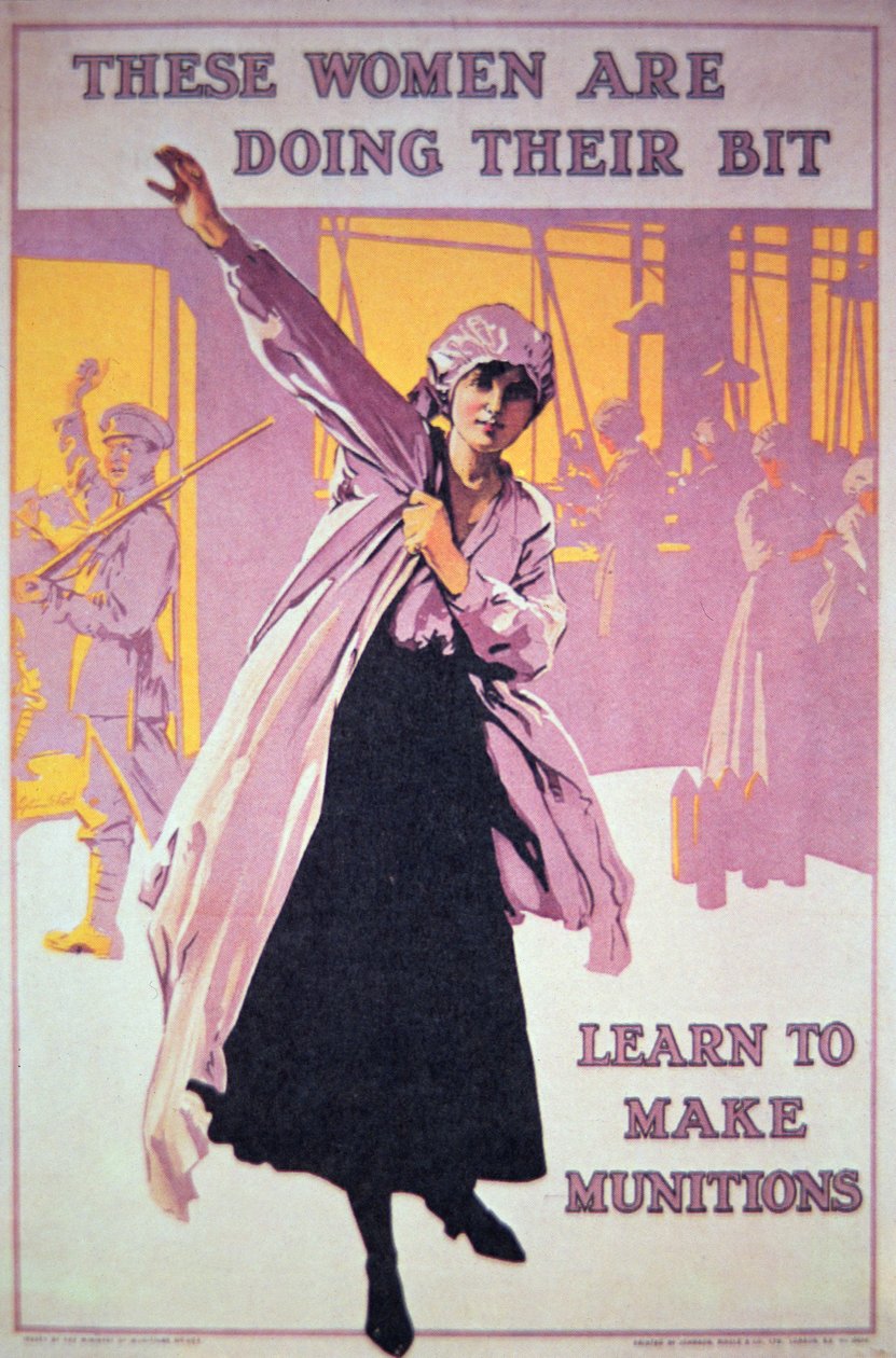 第一次世界大戦中、軍需工場で働く女性を奨励するイギリスのポスター、1914-18年頃（カラーリトグラフ 作： 英語学校