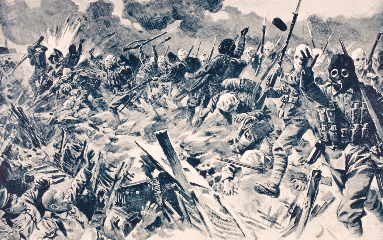1916年にロンドンで公開された「The War Illustrated Album deLuxe」から、1915年9月25日、フランスのルースでガスマスクを着用したイギリス軍がドイツの塹壕を突撃 作： 英語学校