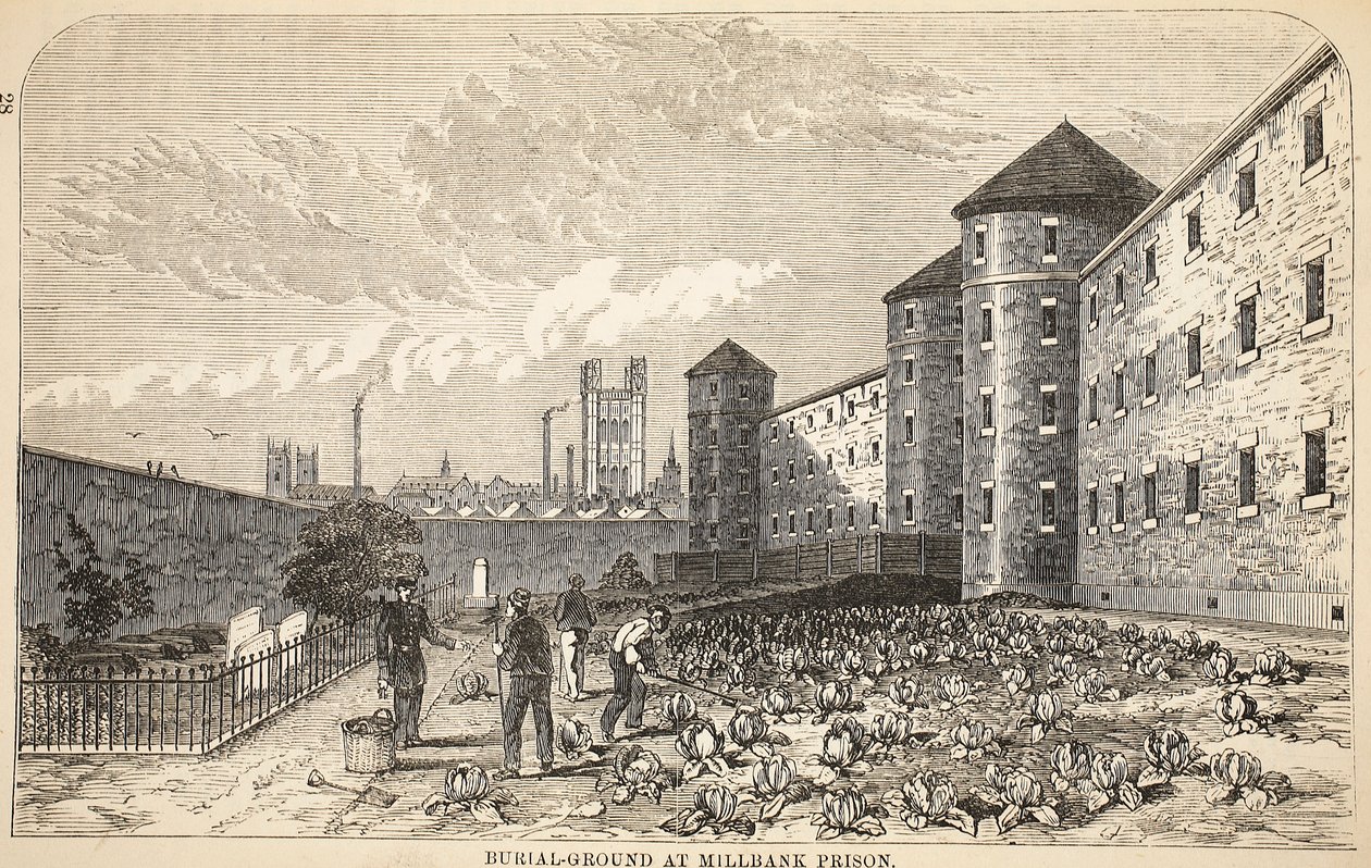 ミルバンク刑務所の埋葬地、ロンドンの刑務所刑務所のイラスト、ヘンリーメイヒューとジョンビニーによる刑務所の生活の情景。 1862