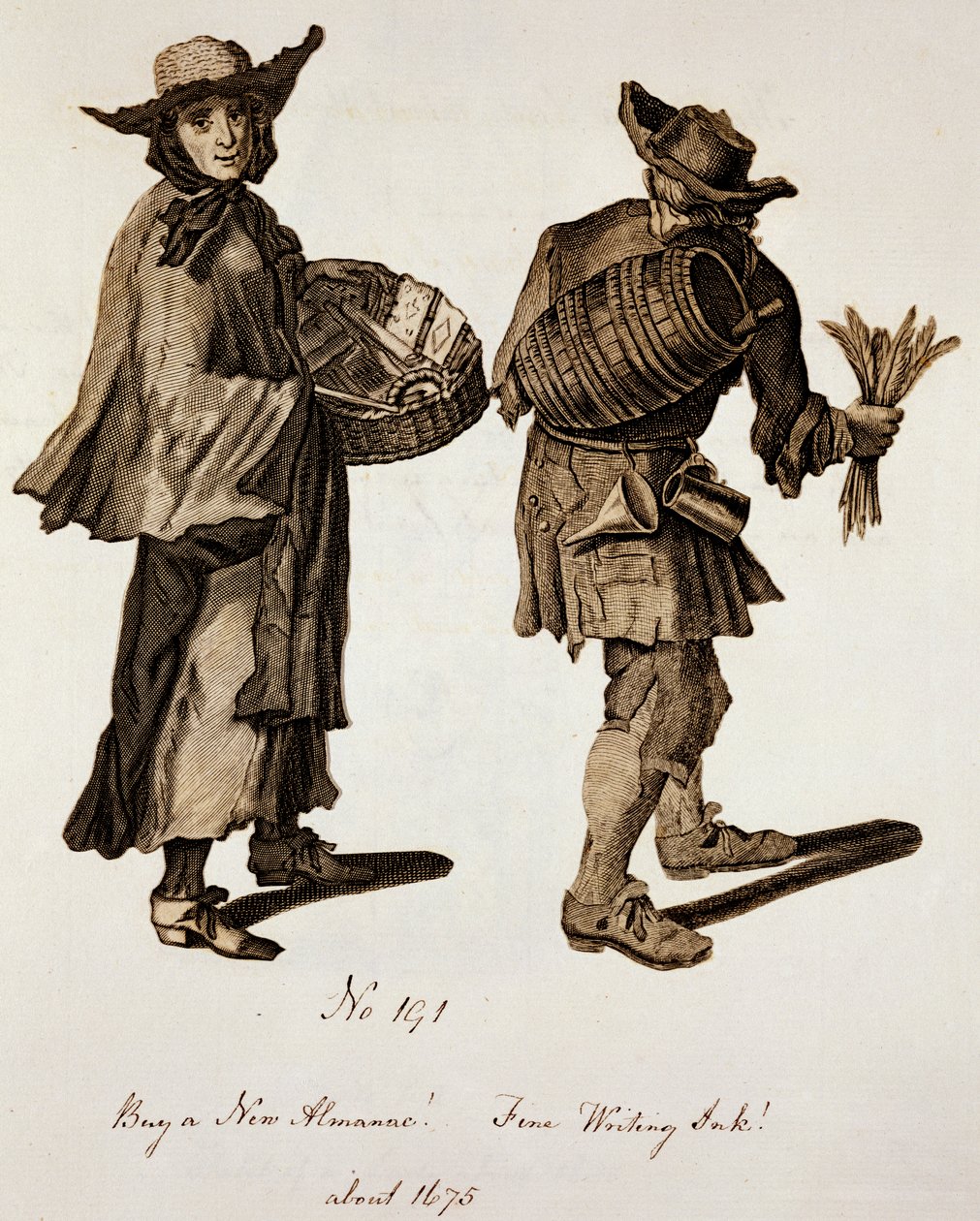 新しい年鑑を購入してください！細かい筆記用インク、1675年頃のストリートセラーのイラスト 作： 英語学校