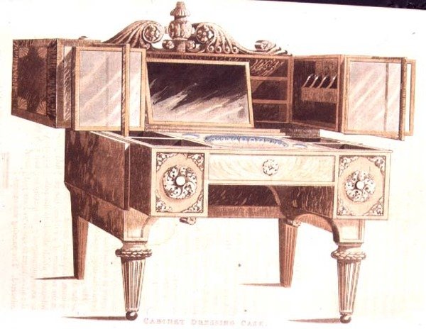 1824年に出版されたアッカーマンの「芸術、文学、商業、製造、ファッション、政治のリポジトリ」の136番プレートのキャビネット・ドレッシングケース（カラーリトグラフ 作： 英語学校