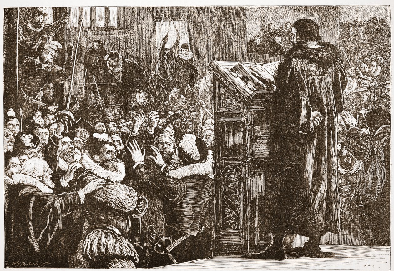 カルヴァンはリブの教会で脅迫した、ジェームス・エイトケン・ワイリー（1808-1890）によるパブのプロテスタンティズムの歴史からのイラスト。 1878 作： 英語学校