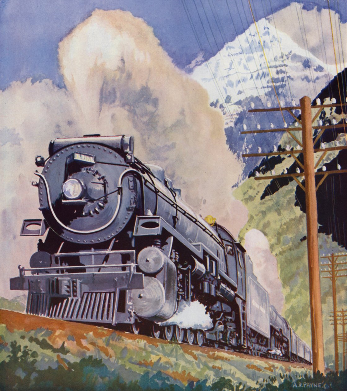 ロッキー山脈のカナディアン・パシフィック鉄道「ドミニオン号」（カラーリトグラフ） 作： 英語学校