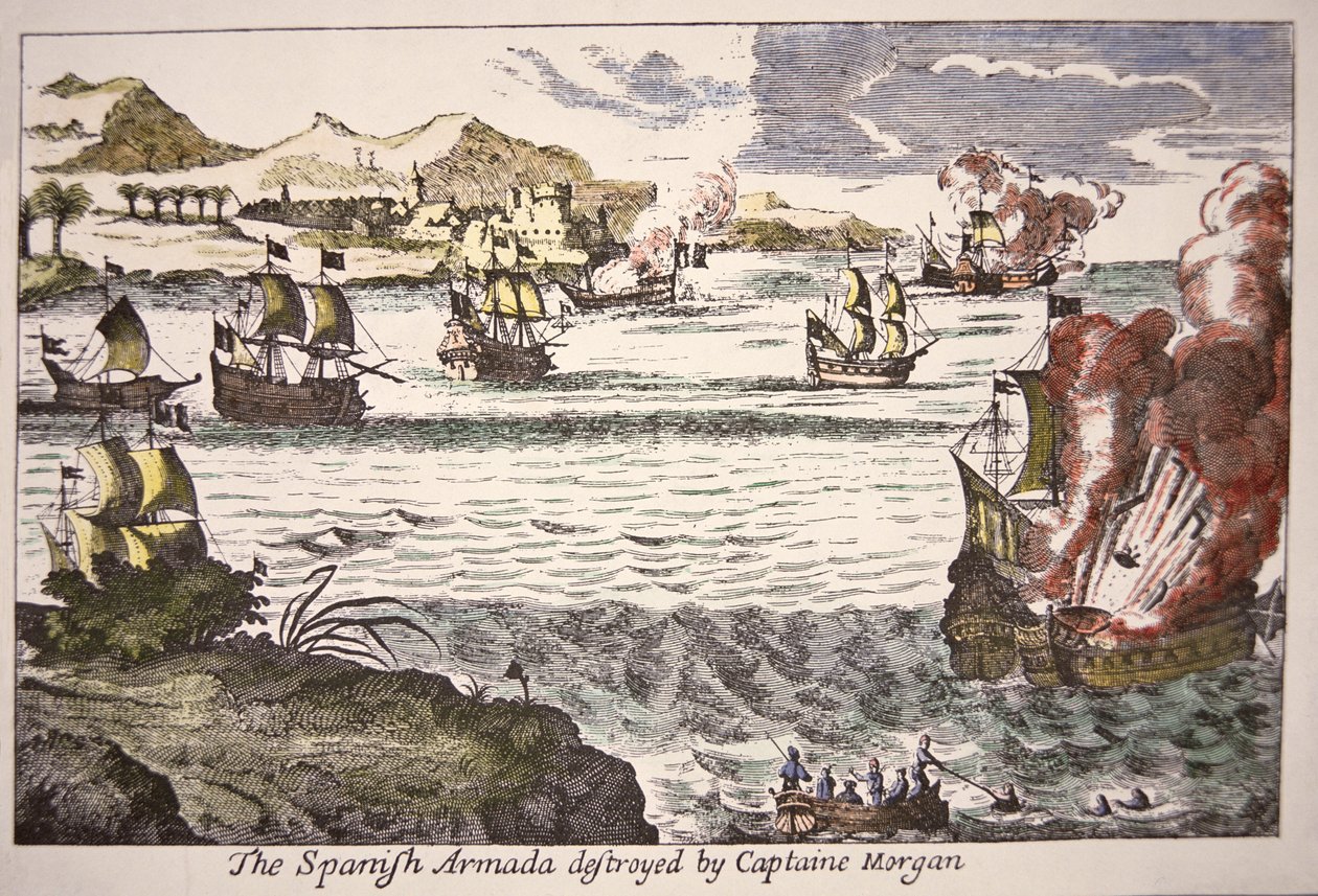 1669年、マラカイボ湖の河口を封鎖したスペイン軍艦を撃破するキャプテン・モーガン（カラー図版 作： 英語学校