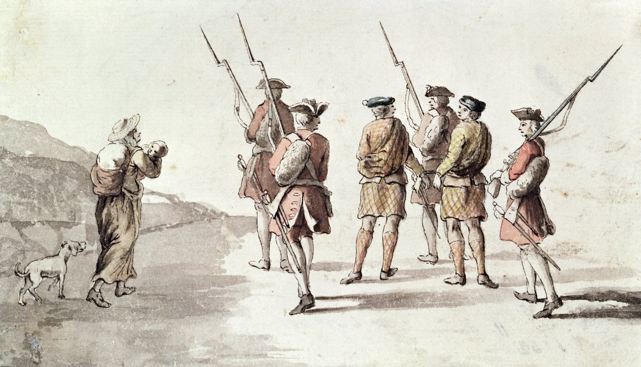 反逆者の捕獲、サイモン・フレイザー、ロバット卿 (1667?-1747) (紙に水彩) 作： 英語学校