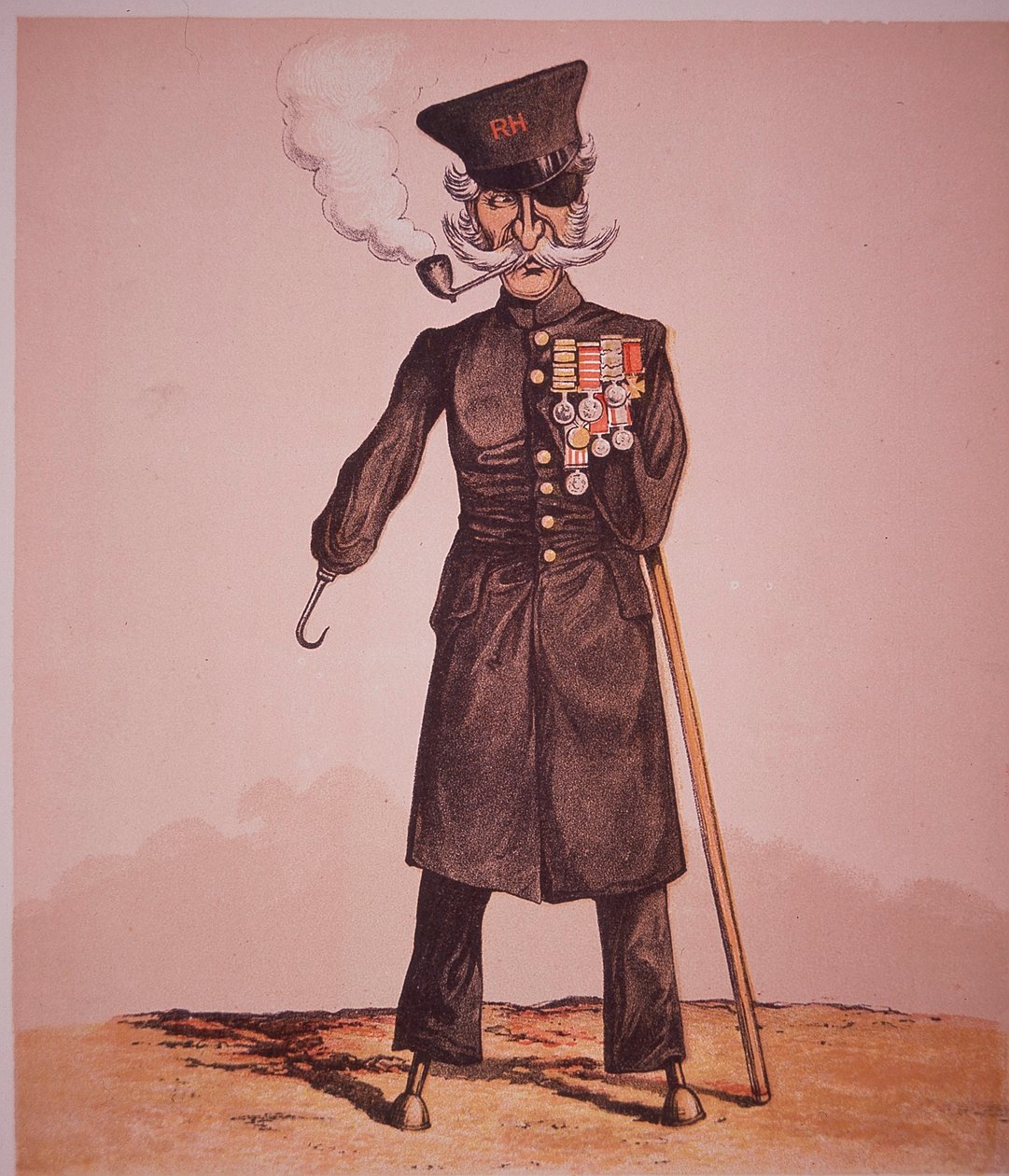 王立病院のチェルシー年金受給者の風刺画（Seccombe少佐の「Army and Navy Drolleries」より）（彩色済み彫刻版 作： 英語学校