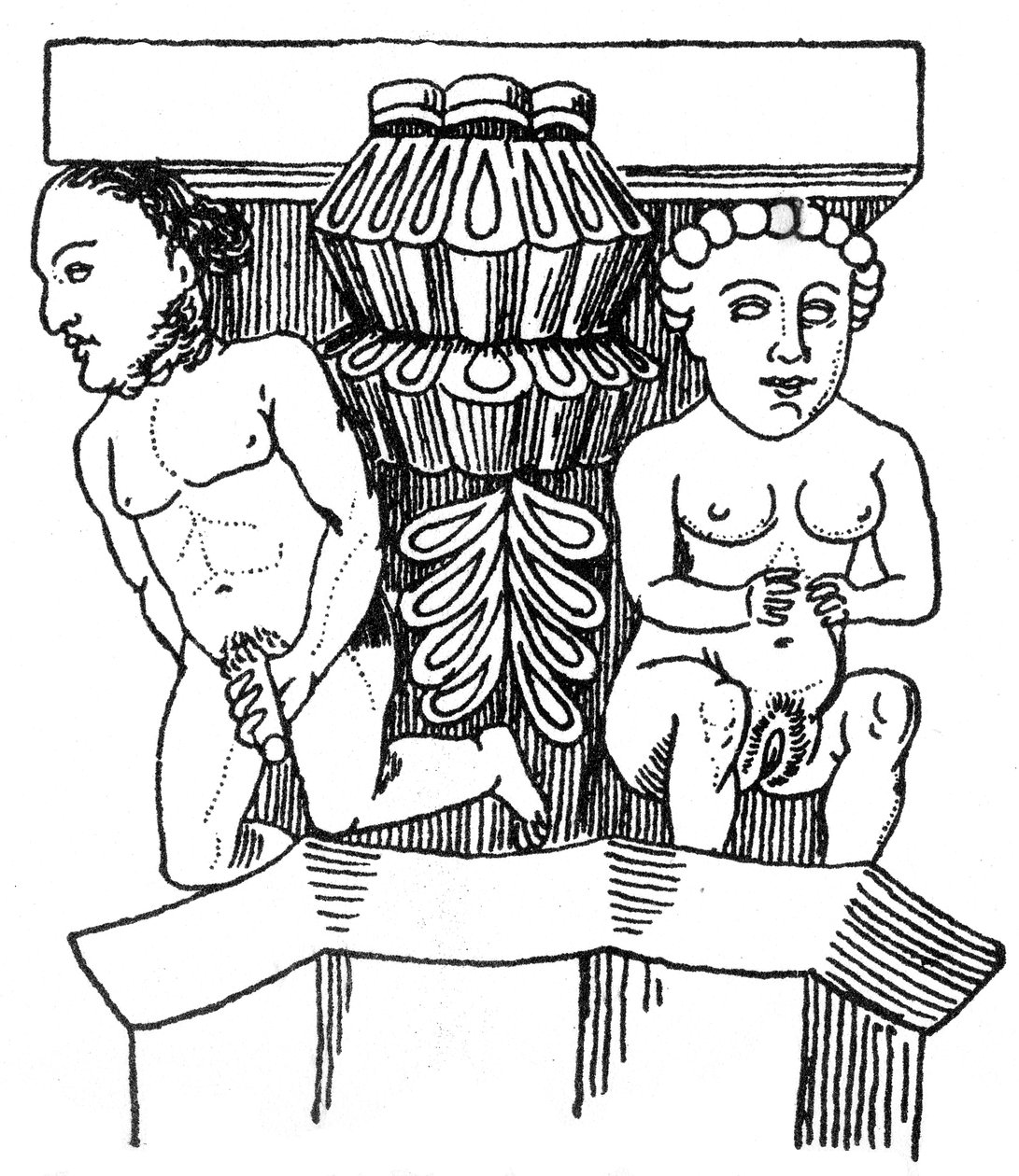 エグラの教会の柱の首都から性器を見せている男女の彫刻が施された人物像 作： 英語学校