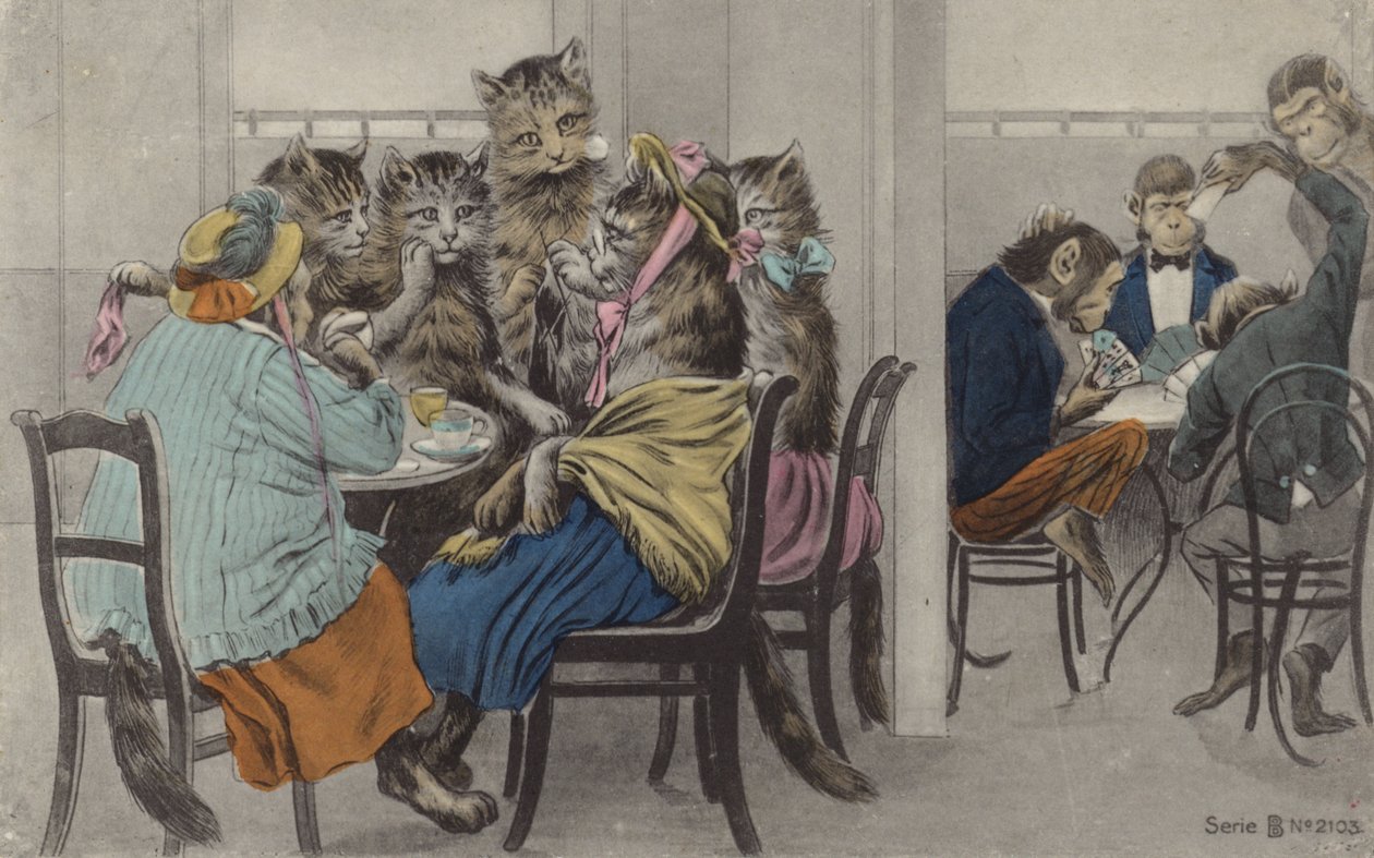 お茶を飲む猫とトランプをする猿（カラーリトグラフ） 作： 英語学校