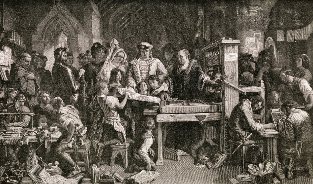1858年ウェストミンスターの養蜂場でエドワード4世に印刷した標本を見せているカクストン（c.1422-91） 作： 英語学校