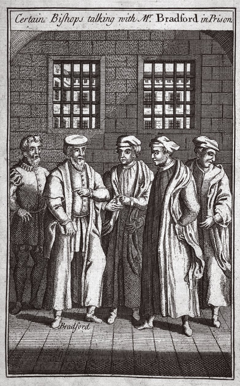 刑務所でブラッドフォード氏と話している特定の司教、キツネの殉教者のイラストc.1703 作： 英語学校