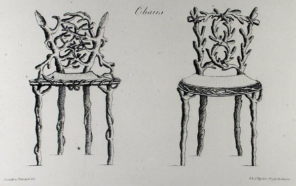ウィリアム・ライト著『グロテスクな建築、または農村の娯楽』（1768年出版）からの椅子（彫刻）（白黒写真 作： 英語学校