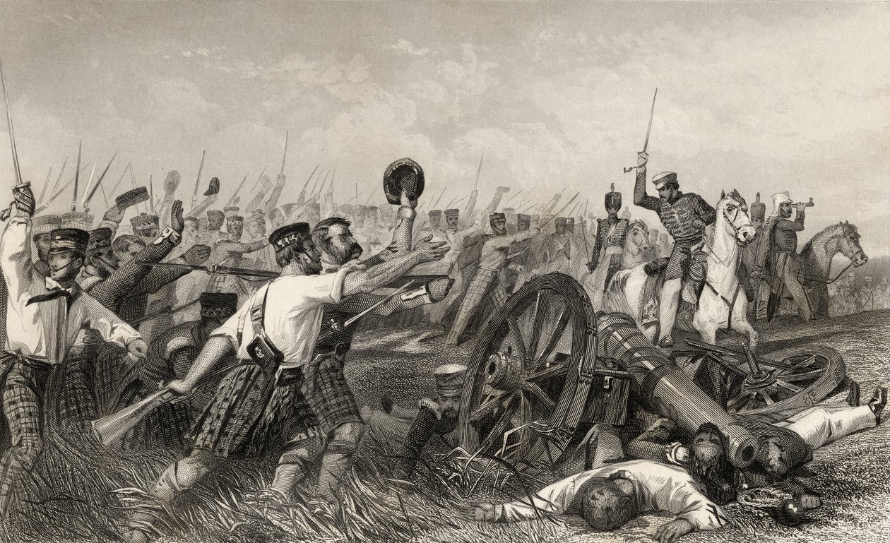 1858年に出版された「インディアン反乱の歴史」から、ハヴロック将軍の下でカウポア前のハイランダーズの告発 作： 英語学校