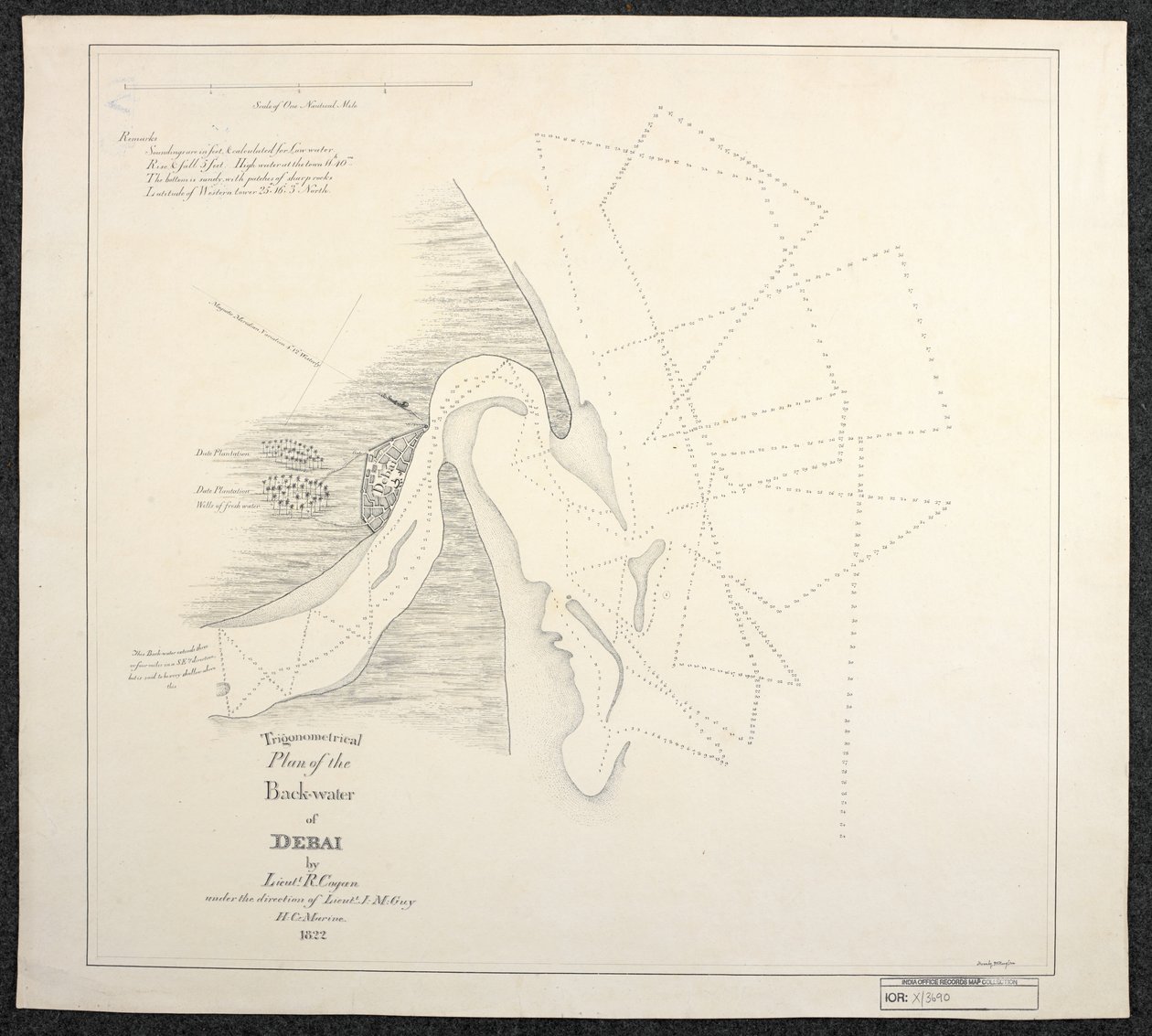 1822年、英国東インド会社の海洋調査員によるドバイの海図。H.C.海洋中尉J.M.ガイ中尉の指示の下、R.コーガン中尉が作成した「デバイ背後水域の三角測量図」と題する。 作： 英語学校