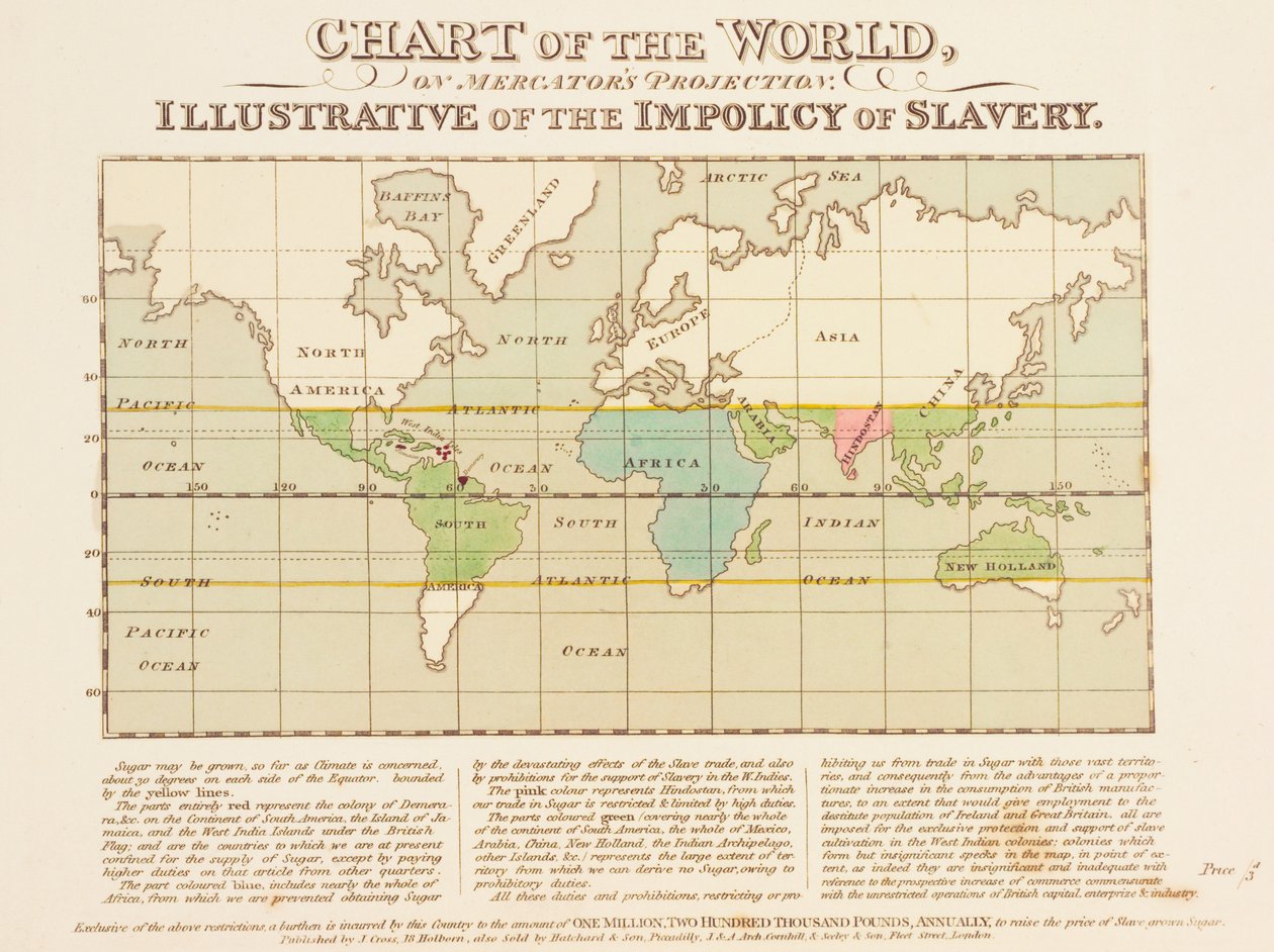 メルカトル図法による世界図、奴隷制の非道さを物語る 作： 英語学校