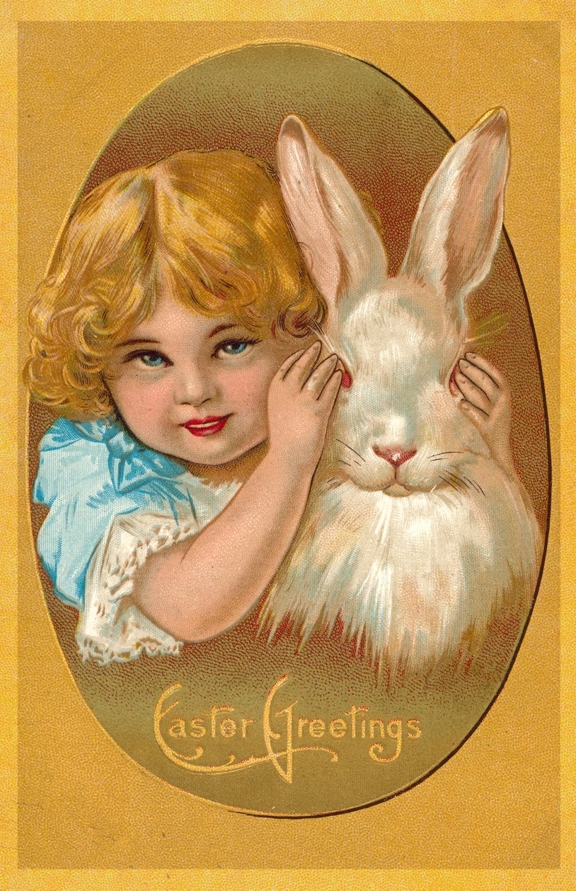 ウサギを連れた子供（カラーリトグラフ） 作： 英語学校