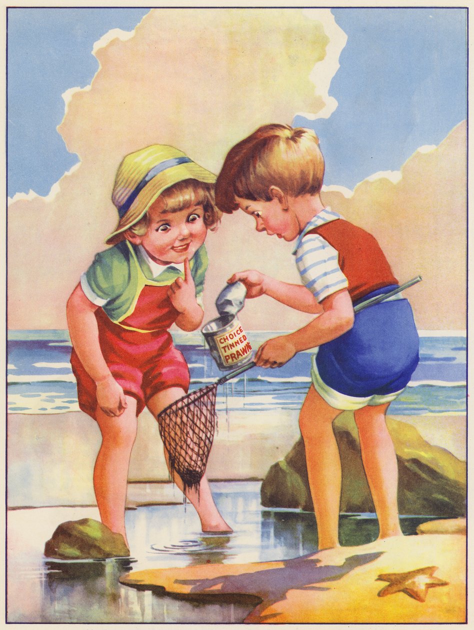 海辺の岩のプールで釣りをする子供たち（カラーリトグラフ） 作： 英語学校