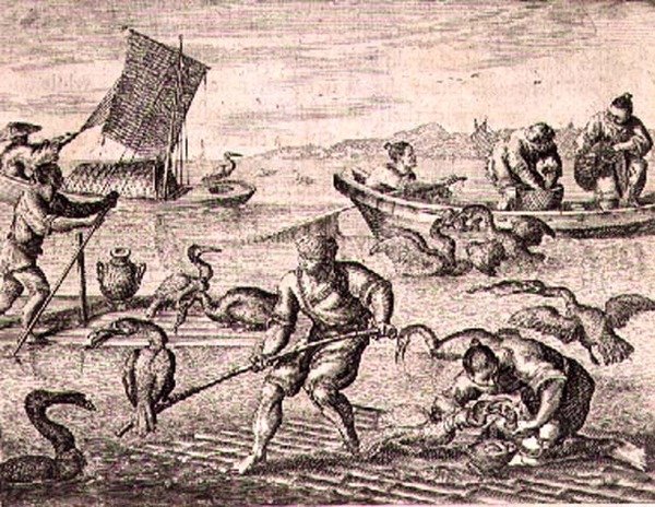 鵜を使って魚を捕る中国の漁師たち（在中国大使館の説明書のイラスト 作： 英語学校