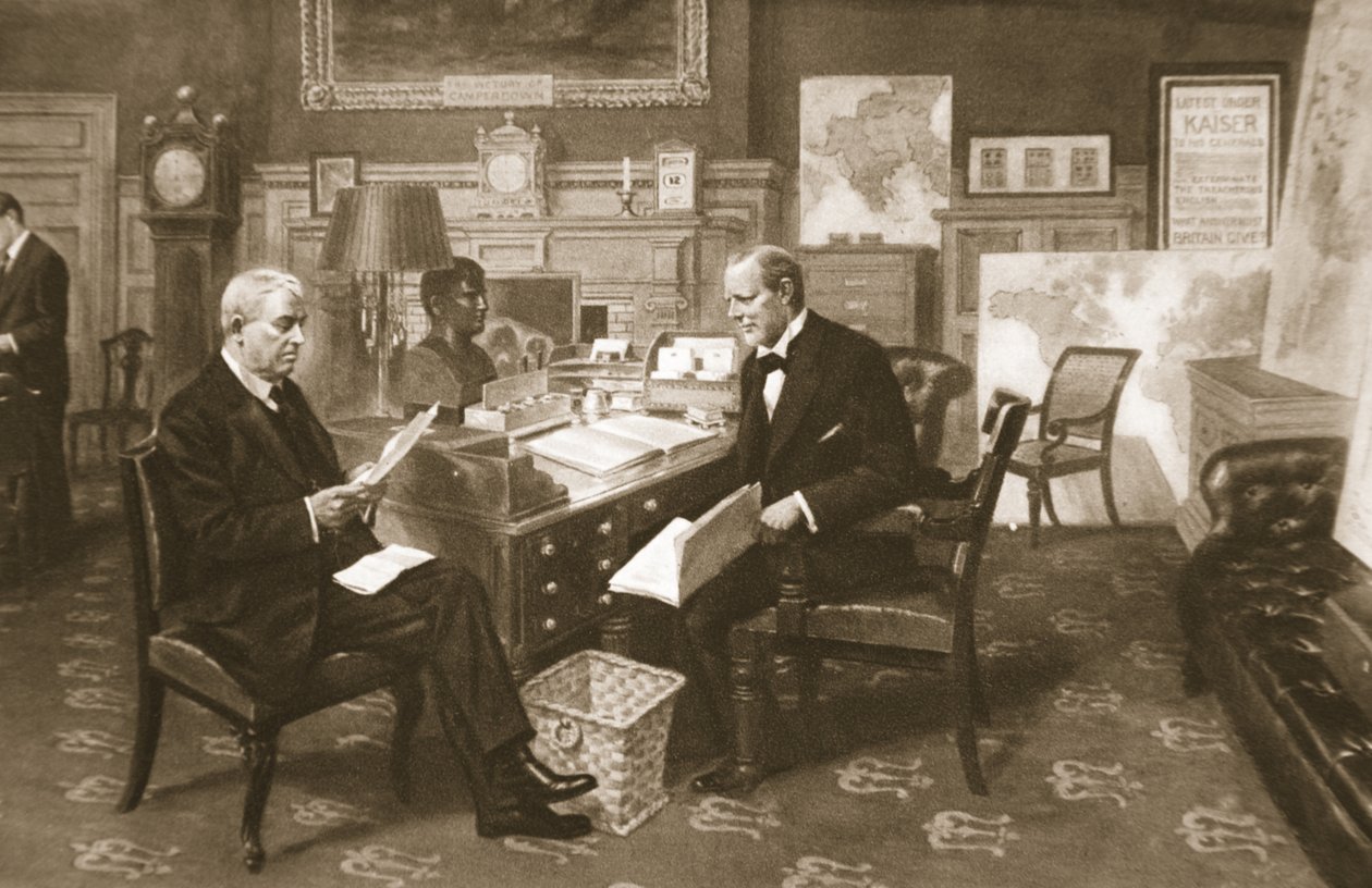 作業中のチャーチルとフィッシャー：1915年のイラスト入りの戦争のニュースから 作： 英語学校