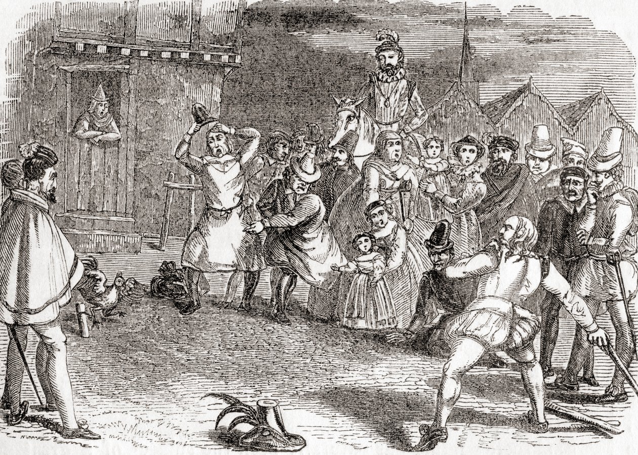 コック・スローイング、別名コック・シャイ、コックに投げる、オールド・イングランドより：A Pictorial Museum, pub.1847 作： 英語学校