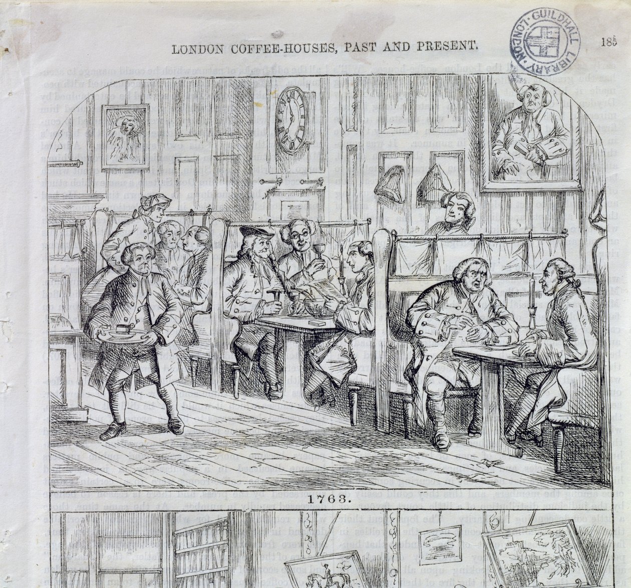 1763年のコーヒールーム、ロンドンコーヒーハウスの過去と現在（カラー彫刻） 作： 英語学校