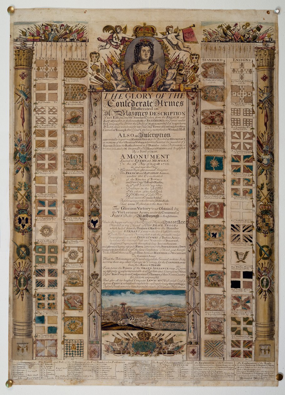 ブレナムの戦い、1704年の後にフランス人からキャプチャされた基準を示す記念チャート（色付きの線の彫刻） 作： 英語学校