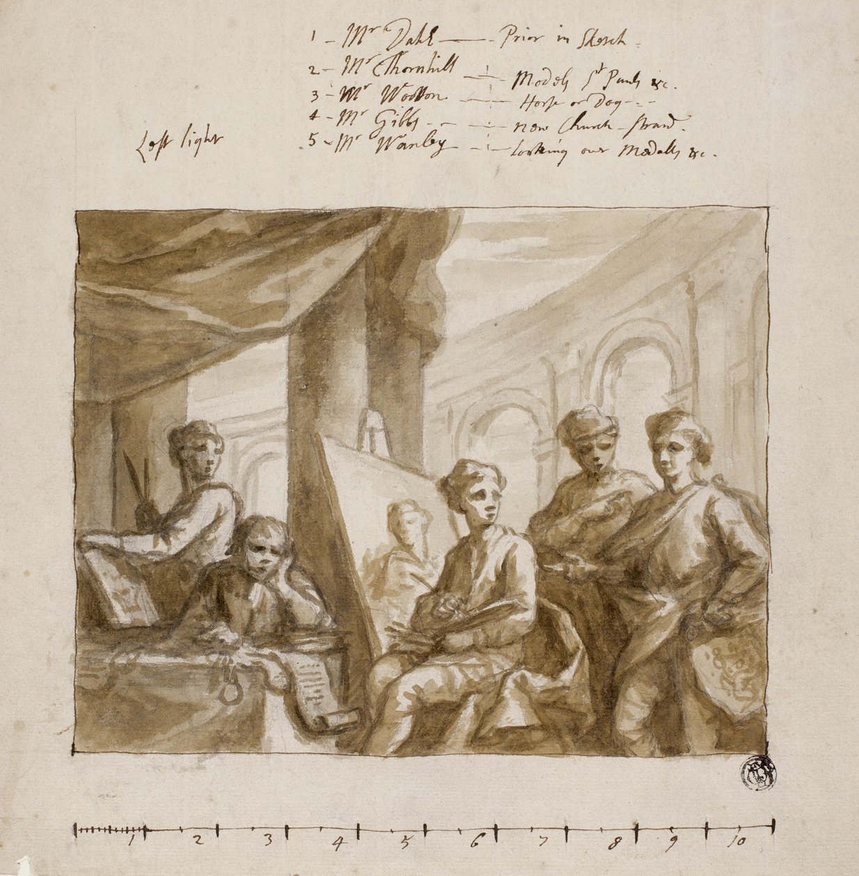 画家の会社、c.1719（ブラシと茶色のウォッシュ、グラファイトの上、象牙の簀の紙） 作： 英語学校