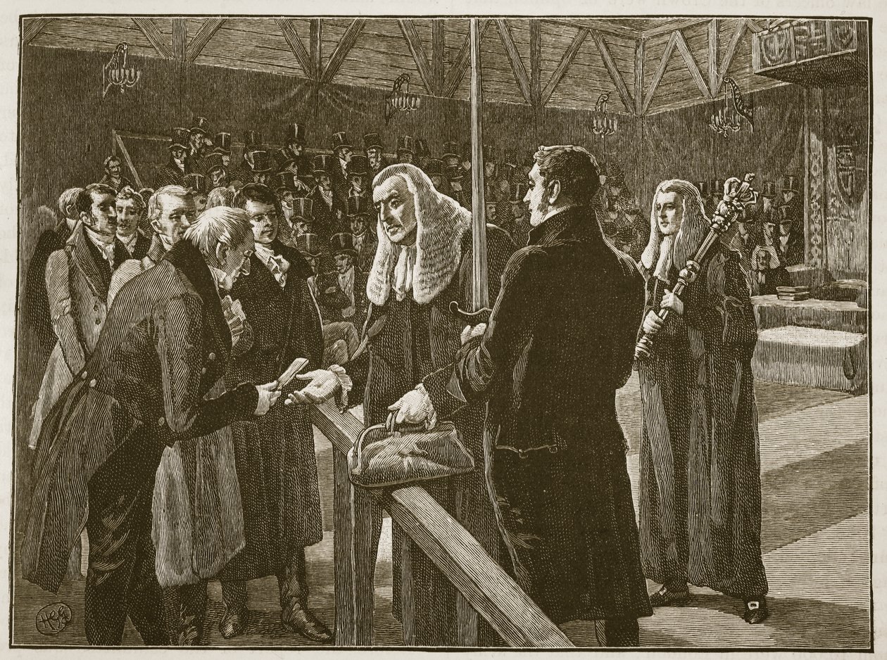 国会議事堂間の会議、1835年、イングランドのカッセルズイラストレイテッドヒストリーからのイラスト（セピア写真） 作： 英語学校
