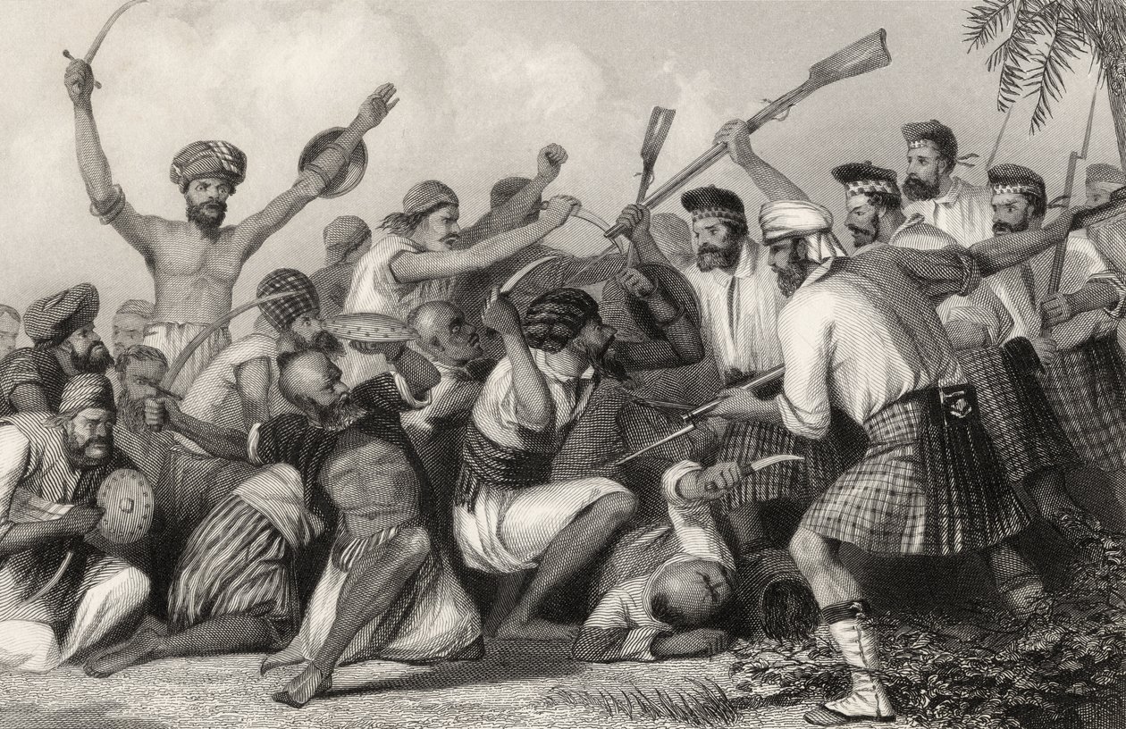 1858年5月6日、1858年に出版された「インディアン反乱の歴史」からのバリーリーの前のガーゼとの対立 作： 英語学校