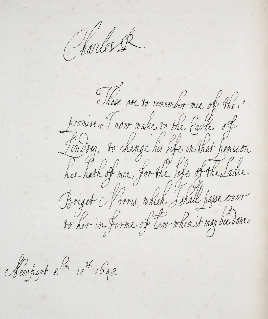 チャールズ2世によって書かれた手紙のコピー、1648 作： 英語学校
