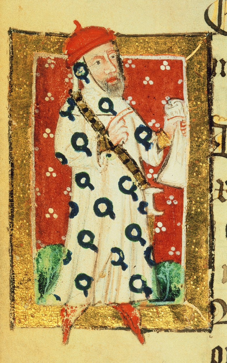 コット・ネロ D VII f.105v ナイジェル・ローニング、ガーターの騎士、聖アルバン修道院の恩人書、1380年頃（ベラム） 作： 英語学校