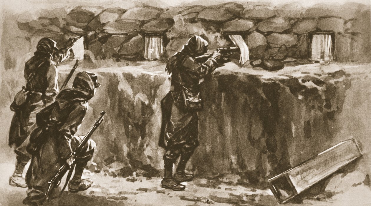 トレンチループホールスクリーンとしてのコテージウィンドウカーテン：1915年のイラストレイテッドウォーニュースによる、敵の狙撃兵を邪魔するフランスの手段 作： 英語学校